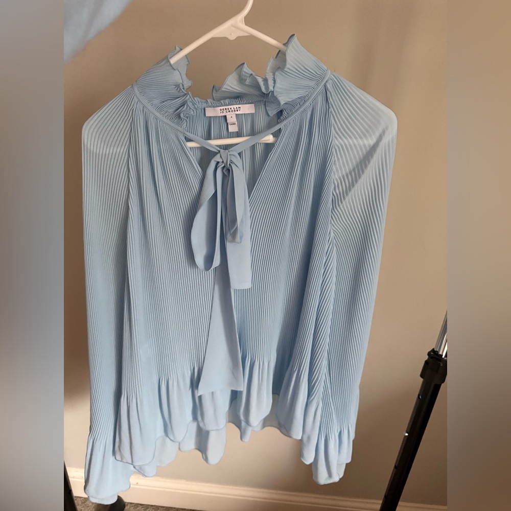 Derek Lam Light Blue Pleated Tie-Neck Blouse